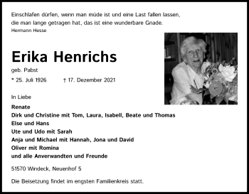 Anzeige von Erika Henrichs von Kölner Stadt-Anzeiger / Kölnische Rundschau / Express