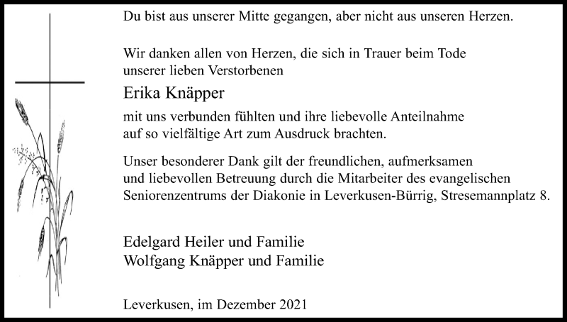  Traueranzeige für Erika Knäpper vom 24.12.2021 aus Kölner Stadt-Anzeiger / Kölnische Rundschau / Express