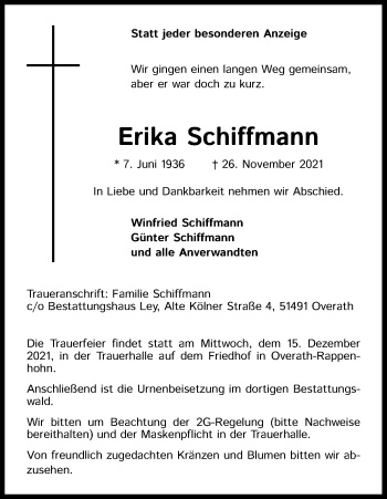 Anzeige von Erika Schiffmann von Kölner Stadt-Anzeiger / Kölnische Rundschau / Express