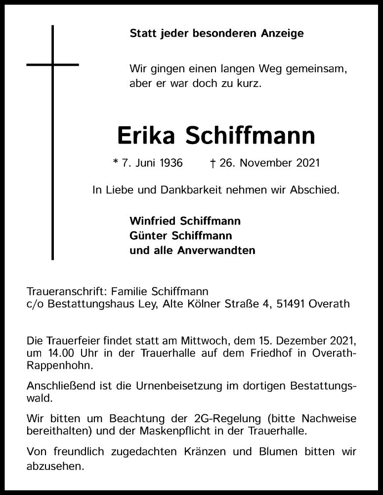 Traueranzeige für Erika Schiffmann vom 08.12.2021 aus Kölner Stadt-Anzeiger / Kölnische Rundschau / Express