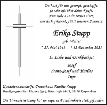 Anzeige von Erika Stupp von  Werbepost 