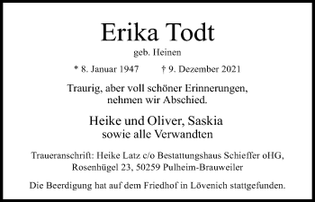 Anzeige von Erika Todt von Kölner Stadt-Anzeiger / Kölnische Rundschau / Express