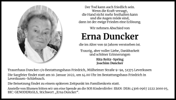 Anzeige von Erna Duncker von Kölner Stadt-Anzeiger / Kölnische Rundschau / Express