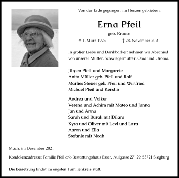 Anzeige von Erna Pfeil von Kölner Stadt-Anzeiger / Kölnische Rundschau / Express