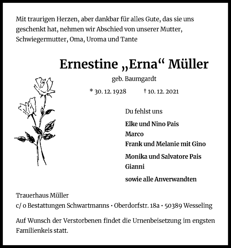  Traueranzeige für Ernestine Müller vom 18.12.2021 aus Kölner Stadt-Anzeiger / Kölnische Rundschau / Express