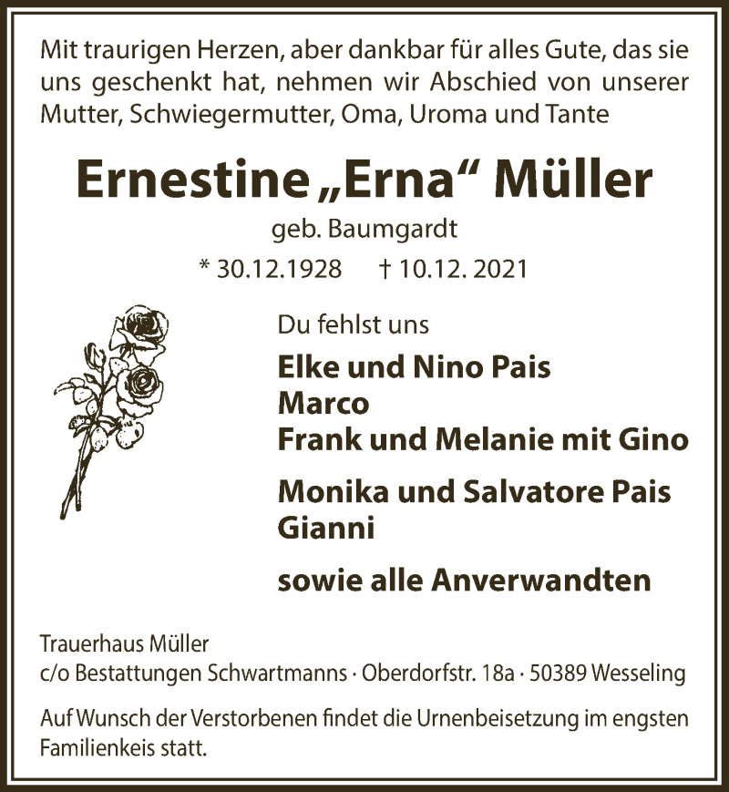  Traueranzeige für Ernestine Müller vom 17.12.2021 aus  Schlossbote/Werbekurier 