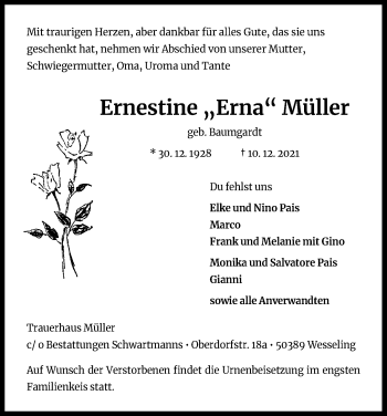 Anzeige von Ernestine Müller von Kölner Stadt-Anzeiger / Kölnische Rundschau / Express