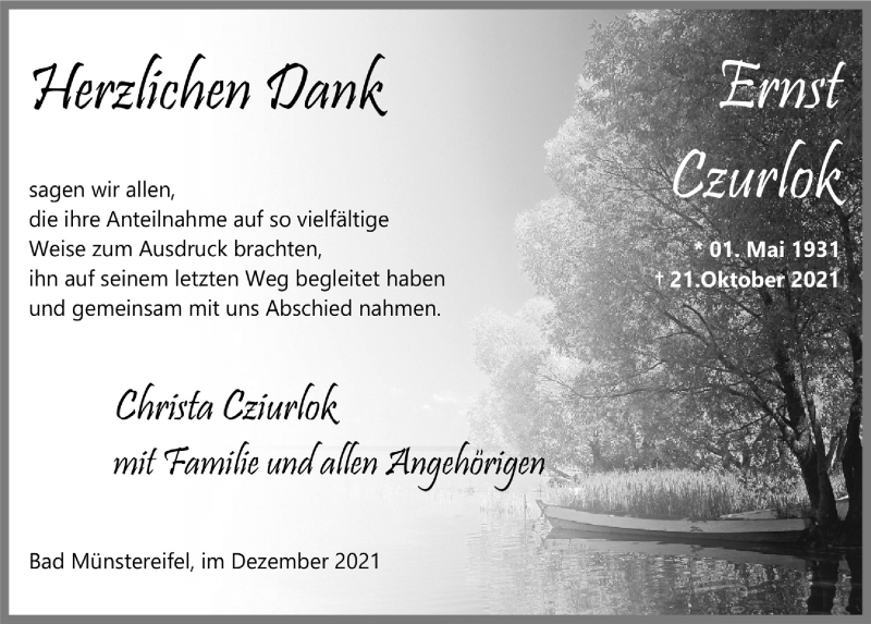  Traueranzeige für Ernst Czurlok vom 04.12.2021 aus  Blickpunkt Euskirchen 