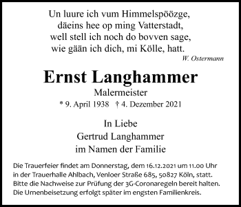 Anzeige von Ernst Langhammer von Kölner Stadt-Anzeiger / Kölnische Rundschau / Express