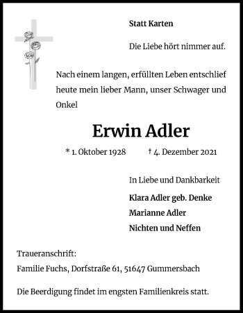 Anzeige von Erwin Adler von Kölner Stadt-Anzeiger / Kölnische Rundschau / Express