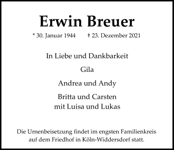 Anzeige von Erwin Breuer von Kölner Stadt-Anzeiger / Kölnische Rundschau / Express