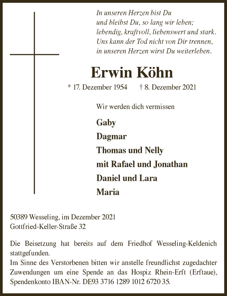  Traueranzeige für Erwin Köhn vom 27.12.2021 aus  Schaufenster/Blickpunkt 