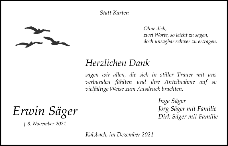  Traueranzeige für Erwin Säger vom 27.12.2021 aus  Anzeigen Echo 