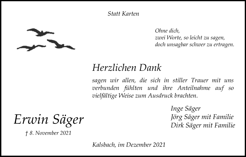  Traueranzeige für Erwin Säger vom 22.12.2021 aus Kölner Stadt-Anzeiger / Kölnische Rundschau / Express