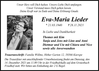Anzeige von Eva-Maria Lieder von  Anzeigen Echo 