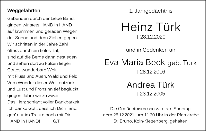  Traueranzeige für Eva Maria Beck vom 22.12.2021 aus Kölner Stadt-Anzeiger / Kölnische Rundschau / Express