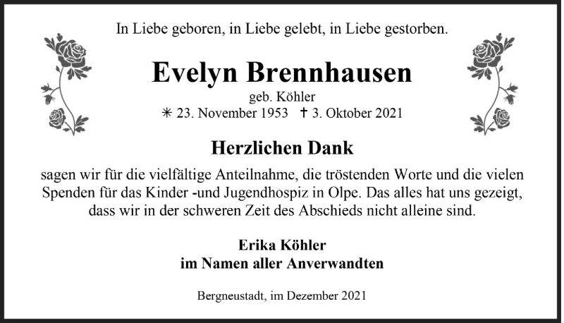  Traueranzeige für Evelyn Brennhausen vom 27.12.2021 aus  Anzeigen Echo 