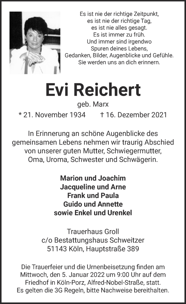  Traueranzeige für Evi Reichert vom 01.01.2022 aus  Kölner Wochenspiegel 