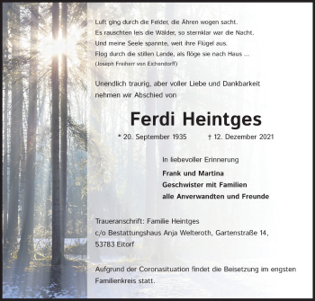 Anzeige von Ferdi Heintges von Kölner Stadt-Anzeiger / Kölnische Rundschau / Express