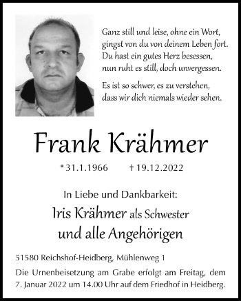 Anzeige von Frank Krähmer von  Anzeigen Echo  Lokalanzeiger 