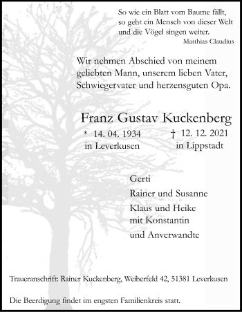 Anzeige von Franz Gustav Kuckenberg von Kölner Stadt-Anzeiger / Kölnische Rundschau / Express