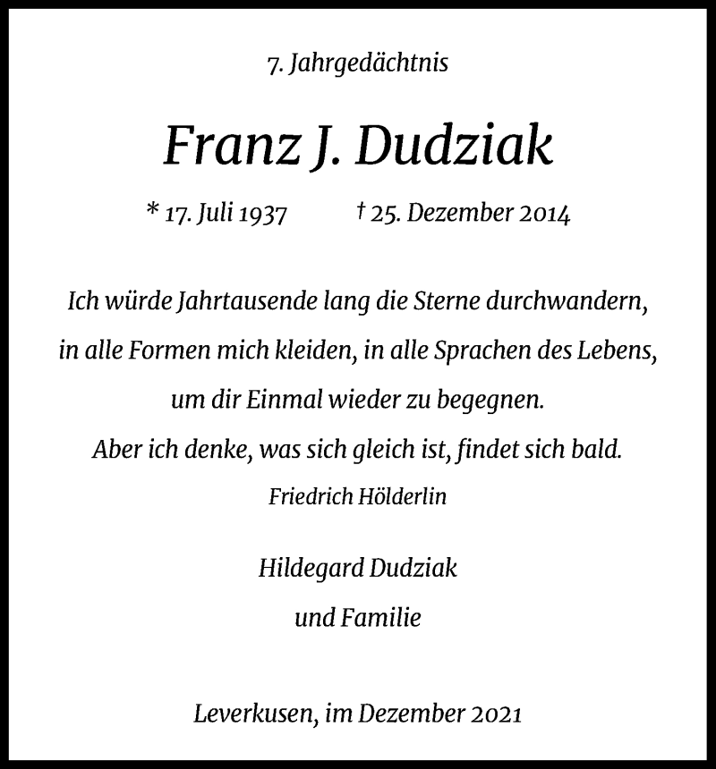  Traueranzeige für Franz J. Dudziak vom 24.12.2021 aus Kölner Stadt-Anzeiger / Kölnische Rundschau / Express