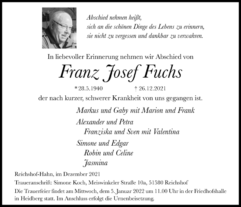  Traueranzeige für Franz Josef Fuchs vom 01.01.2022 aus  Anzeigen Echo  Lokalanzeiger 