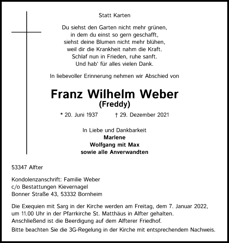  Traueranzeige für Franz Wilhelm Weber vom 31.12.2021 aus Kölner Stadt-Anzeiger / Kölnische Rundschau / Express