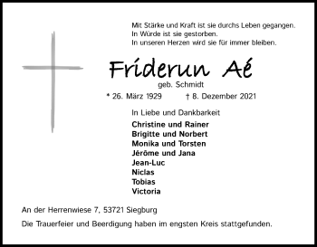 Anzeige von Friderun Aé von Kölner Stadt-Anzeiger / Kölnische Rundschau / Express