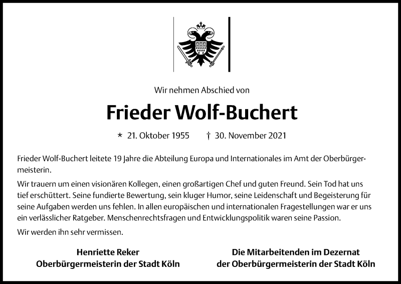  Traueranzeige für Frieder Wolf-Buchert vom 08.12.2021 aus Kölner Stadt-Anzeiger / Kölnische Rundschau / Express