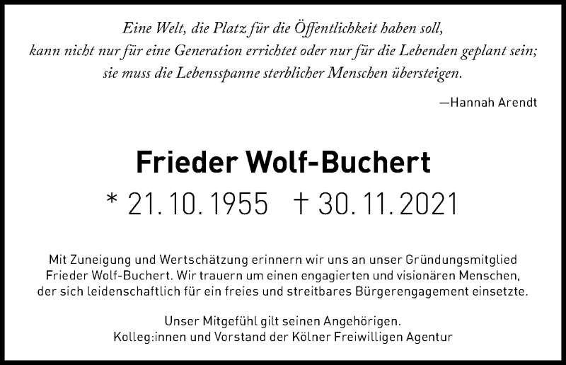  Traueranzeige für Frieder Wolf-Buchert vom 04.12.2021 aus Kölner Stadt-Anzeiger / Kölnische Rundschau / Express
