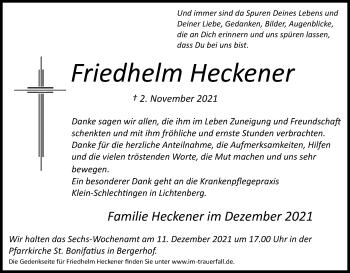 Anzeige von Friedhelm Heckener von Kölner Stadt-Anzeiger / Kölnische Rundschau / Express