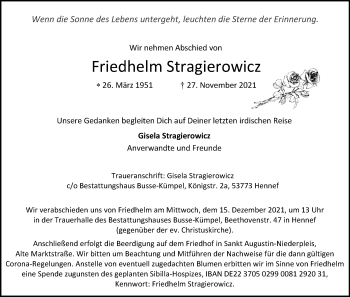Anzeige von Friedhelm Stragierowicz von Kölner Stadt-Anzeiger / Kölnische Rundschau / Express