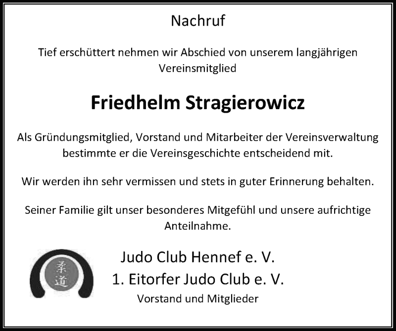  Traueranzeige für Friedhelm Stragierowicz vom 09.12.2021 aus Kölner Stadt-Anzeiger / Kölnische Rundschau / Express