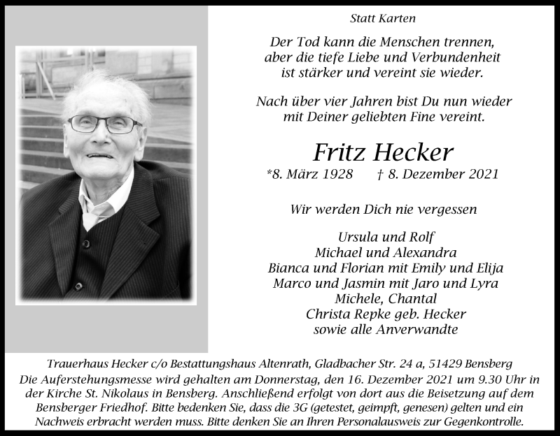  Traueranzeige für Fritz Hecker vom 11.12.2021 aus Kölner Stadt-Anzeiger / Kölnische Rundschau / Express