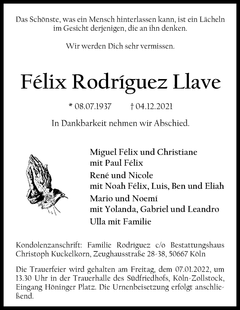  Traueranzeige für Félix Rodríguez Llave vom 24.12.2021 aus Kölner Stadt-Anzeiger / Kölnische Rundschau / Express
