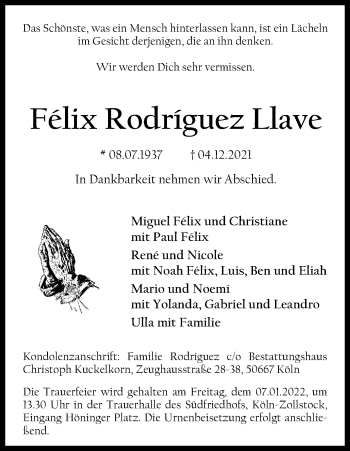 Anzeige von Félix Rodríguez Llave von Kölner Stadt-Anzeiger / Kölnische Rundschau / Express
