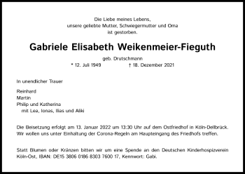 Anzeige von Gabriele Elisabeth Weikenmeier-Fieguth von Kölner Stadt-Anzeiger / Kölnische Rundschau / Express