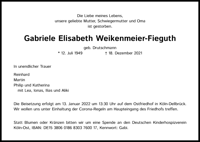  Traueranzeige für Gabriele Elisabeth Weikenmeier-Fieguth vom 31.12.2021 aus Kölner Stadt-Anzeiger / Kölnische Rundschau / Express