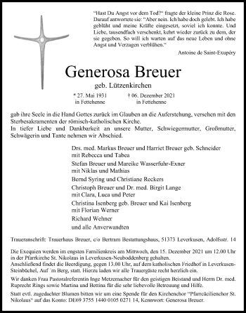 Anzeige von Generosa Breuer von Kölner Stadt-Anzeiger / Kölnische Rundschau / Express