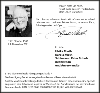 Anzeige von Gerald Mieth von  Anzeigen Echo 