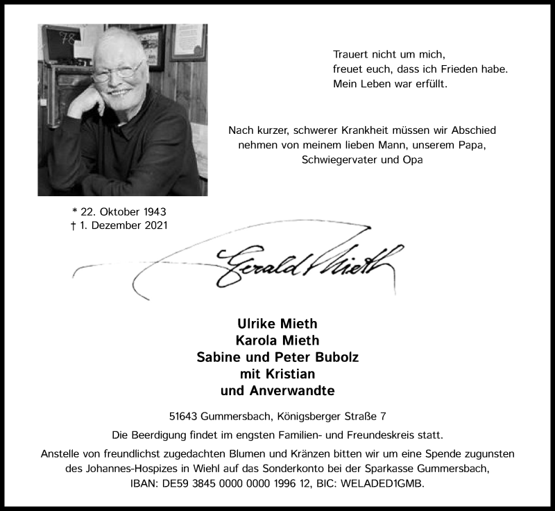  Traueranzeige für Gerald Mieth vom 11.12.2021 aus Kölner Stadt-Anzeiger / Kölnische Rundschau / Express