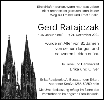 Anzeige von Gerd Ratajczak von Kölner Stadt-Anzeiger / Kölnische Rundschau / Express