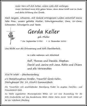 Anzeige von Gerda Keller von Kölner Stadt-Anzeiger / Kölnische Rundschau / Express