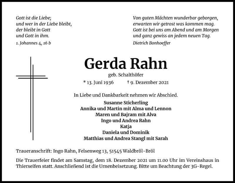  Traueranzeige für Gerda Rahn vom 15.12.2021 aus Kölner Stadt-Anzeiger / Kölnische Rundschau / Express