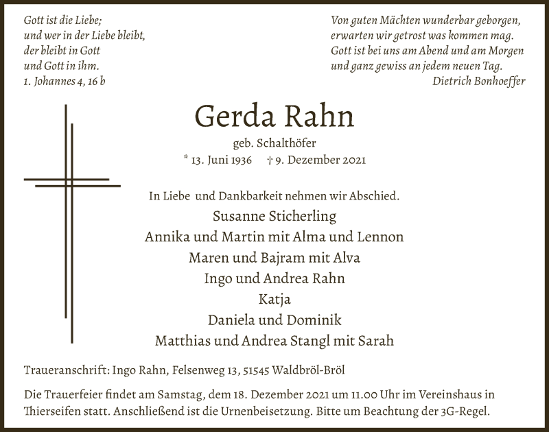  Traueranzeige für Gerda Rahn vom 17.12.2021 aus  Lokalanzeiger 