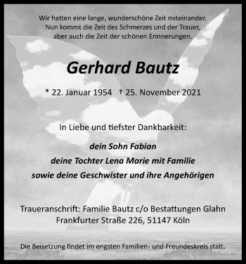 Anzeige von Gerhard Bautz von Kölner Stadt-Anzeiger / Kölnische Rundschau / Express