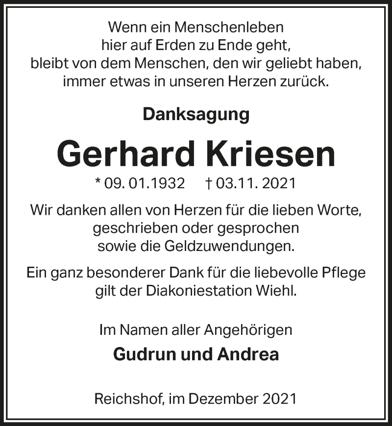 Traueranzeige für Gerhard Kriesen vom 01.01.2022 aus  Anzeigen Echo 