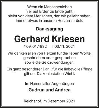 Anzeige von Gerhard Kriesen von  Lokalanzeiger 