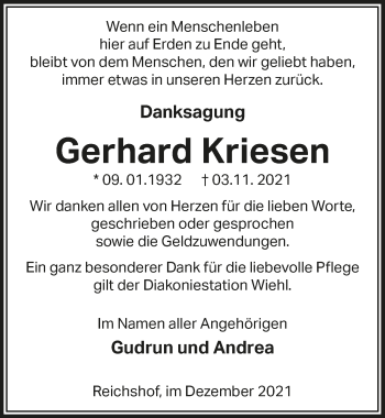 Anzeige von Gerhard Kriesen von  Anzeigen Echo 